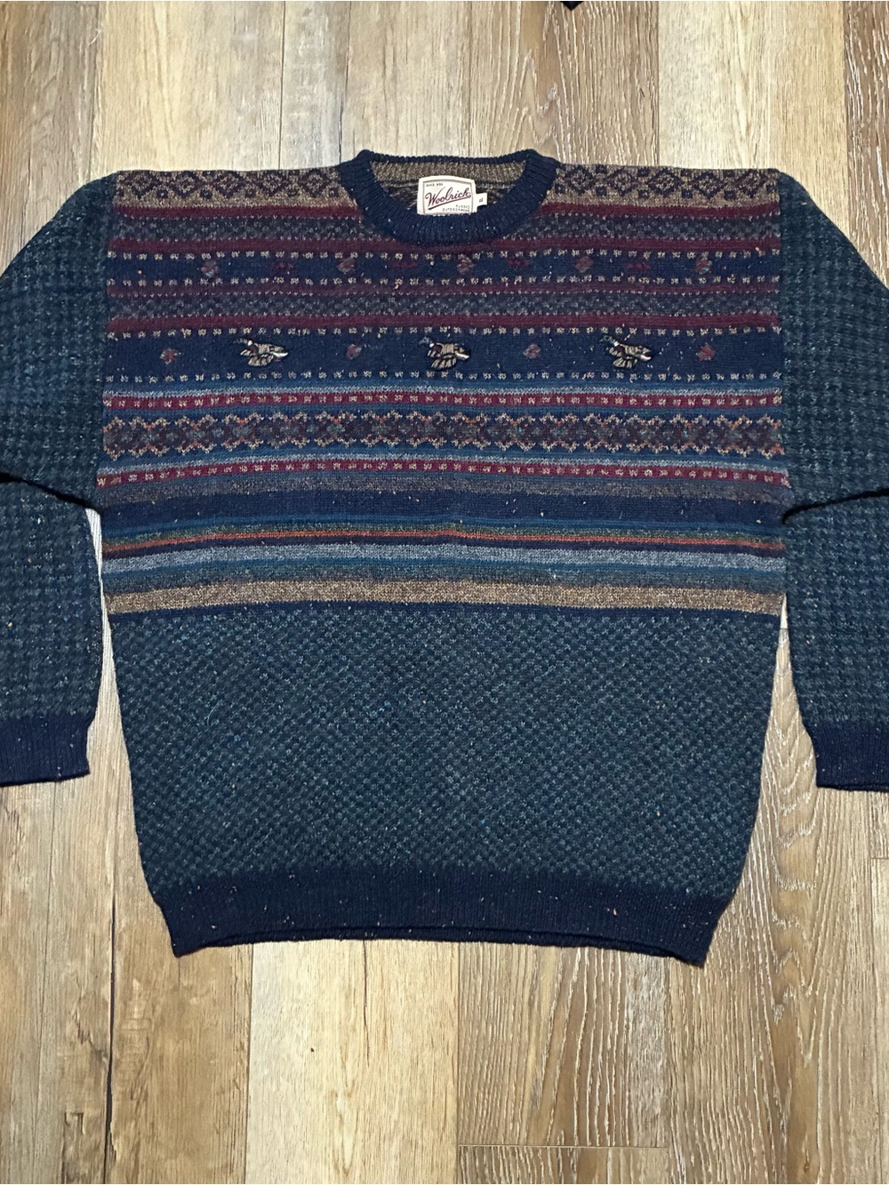 VTG Woolrich Mallard Duck Fair Isle Wool Crewneck Sweater XL Nordic Preppy Knit